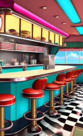 a bar with red stools