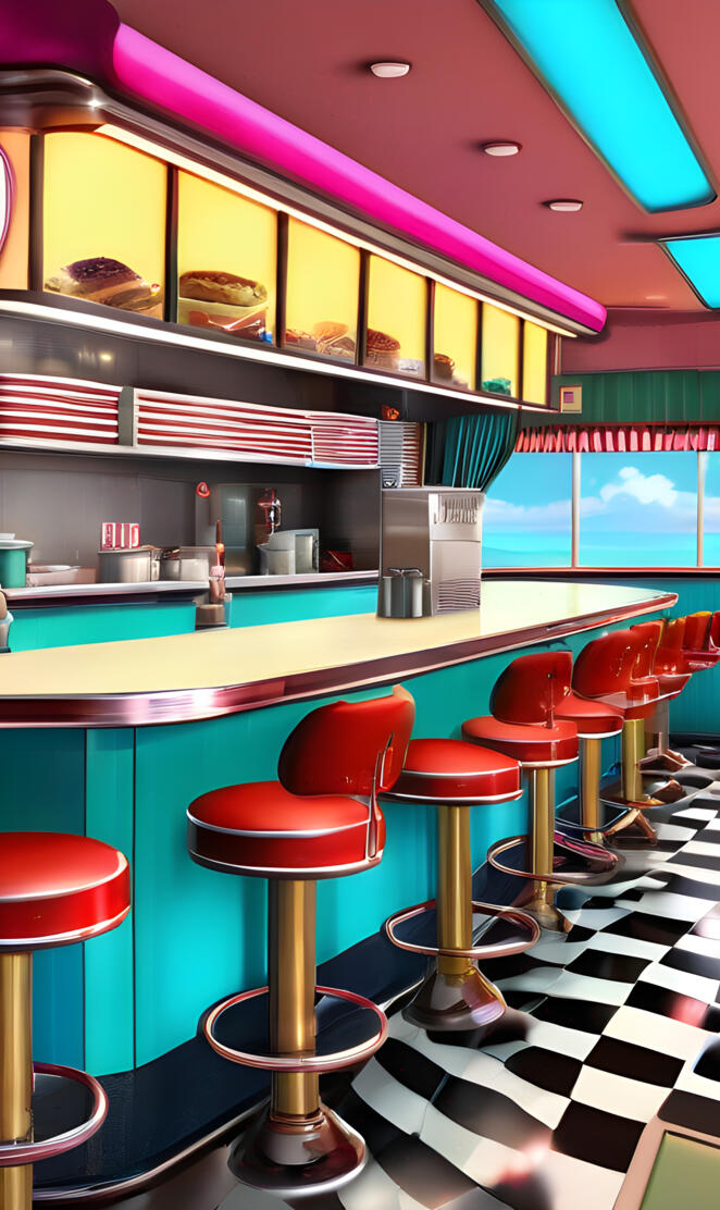 a bar with red stools