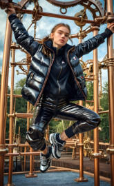 woman 
in a leather jacket sitting on a metal swing