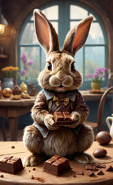 a rabbit sitting at a table with a chocolate bar and chocolates