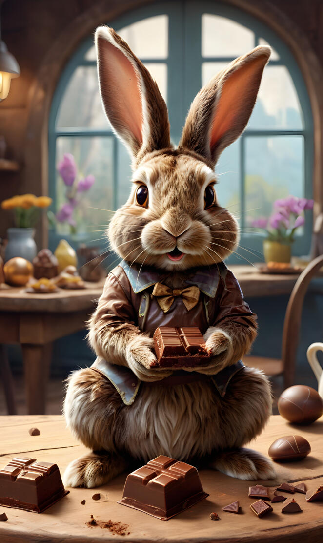 a rabbit sitting at a table with a chocolate bar and chocolates
