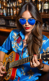 a woman with a blue shirt and sunglasses playing a guitar