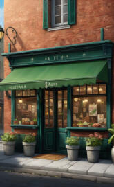a store front with green awnings