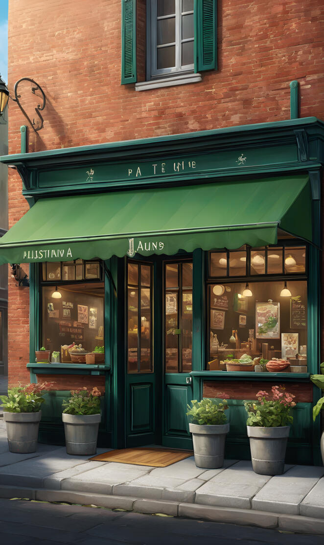 a store front with green awnings