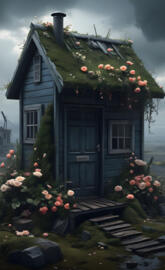 a house with a grass roof and flowers on the roof