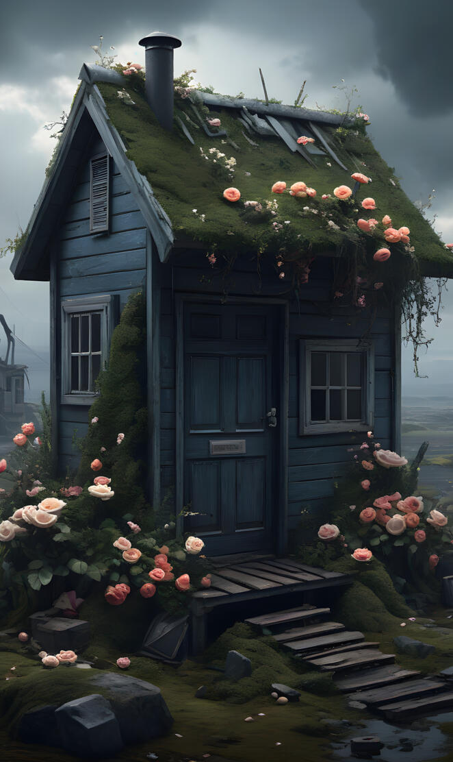 a house with a grass roof and flowers on the roof