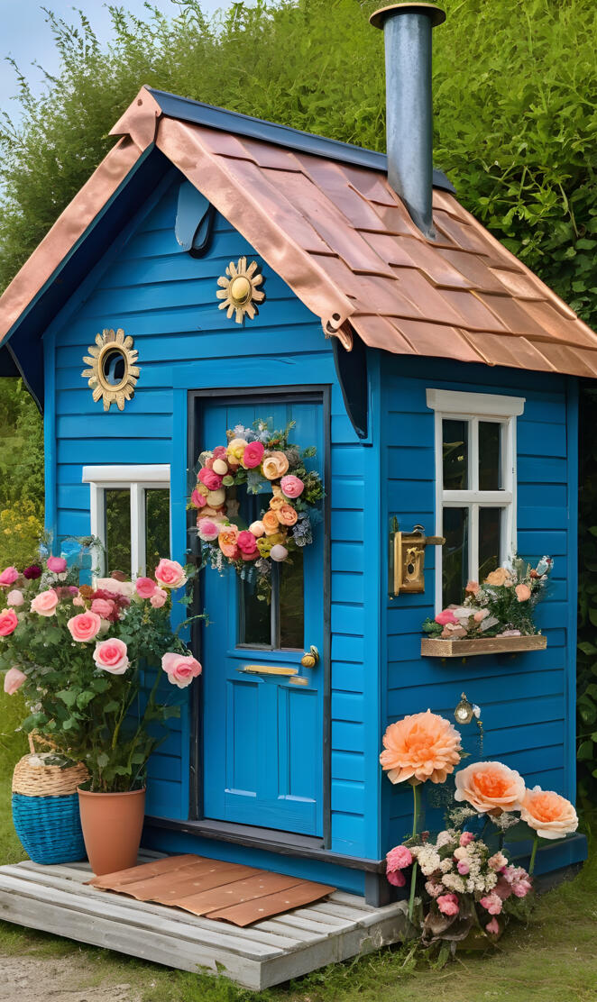 a blue house with a green roof