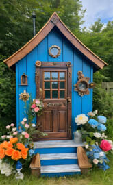 a small blue house with a door and a garden of flowers