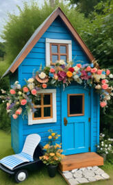 a blue house with flowers in the front