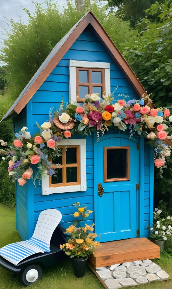 a blue house with flowers in the front