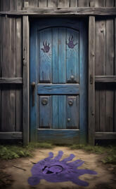 a blue door with a purple flower in front of it