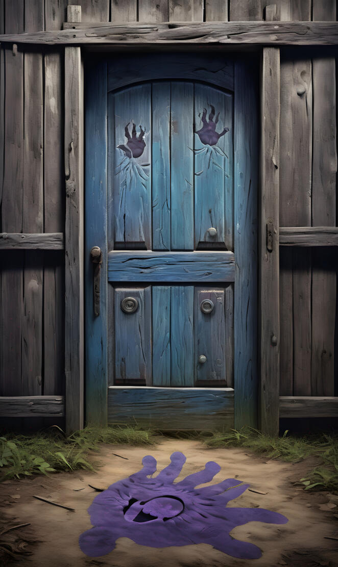 a blue door with a purple flower in front of it