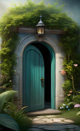 una puerta mágica en un ermoso jardin rodeado de flores