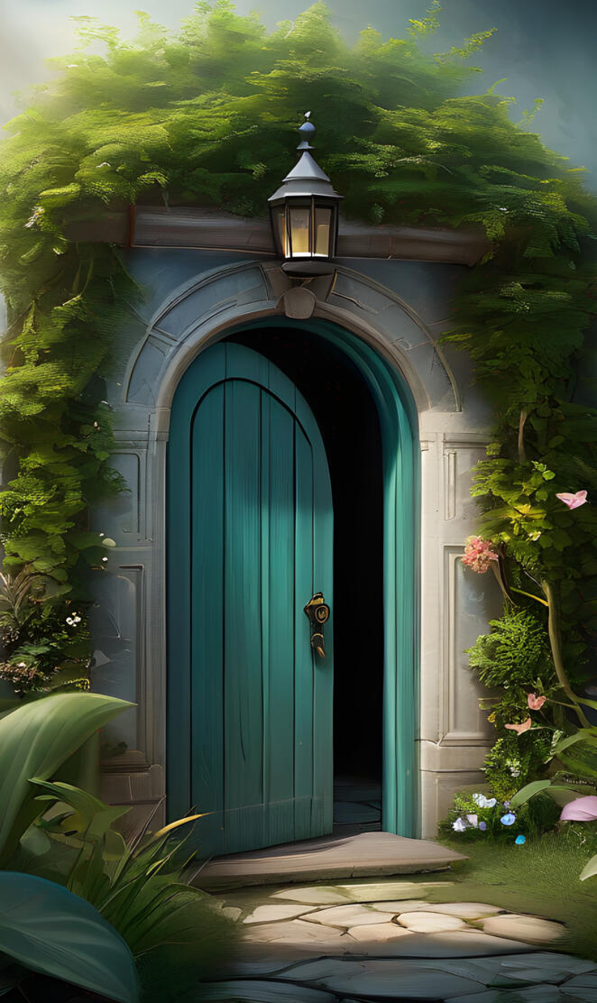 una puerta mágica en un ermoso jardin rodeado de flores