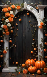 white frame, roses and pumpkins make fall border