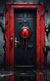 a red door with a black circle in the middle