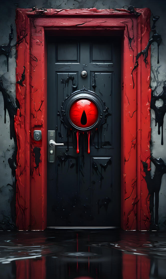 a red door with a black circle in the middle