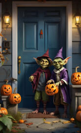 The preacher's kids without costumes Handing out candy With neon ligh