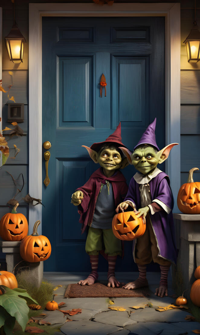 The preacher's kids without costumes Handing out candy With neon ligh