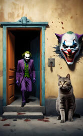 a cat sitting in front of the joker...blood
