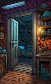 a room with a blue door and shelves with books
