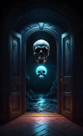 2 skulls floating through a dark hallway