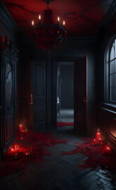 a hallway with a chandelier