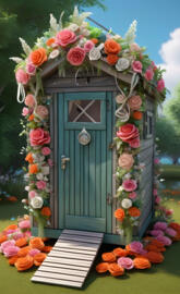 a blue door with flowers in front of it