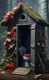 a toilet and a flower box