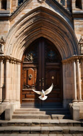 dove by church door