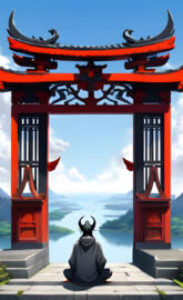 a devil sitting under a large red and black gate