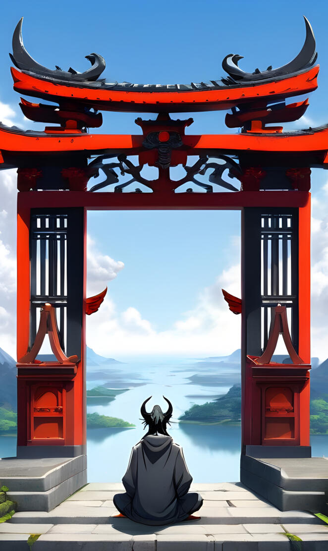 a devil sitting under a large red and black gate