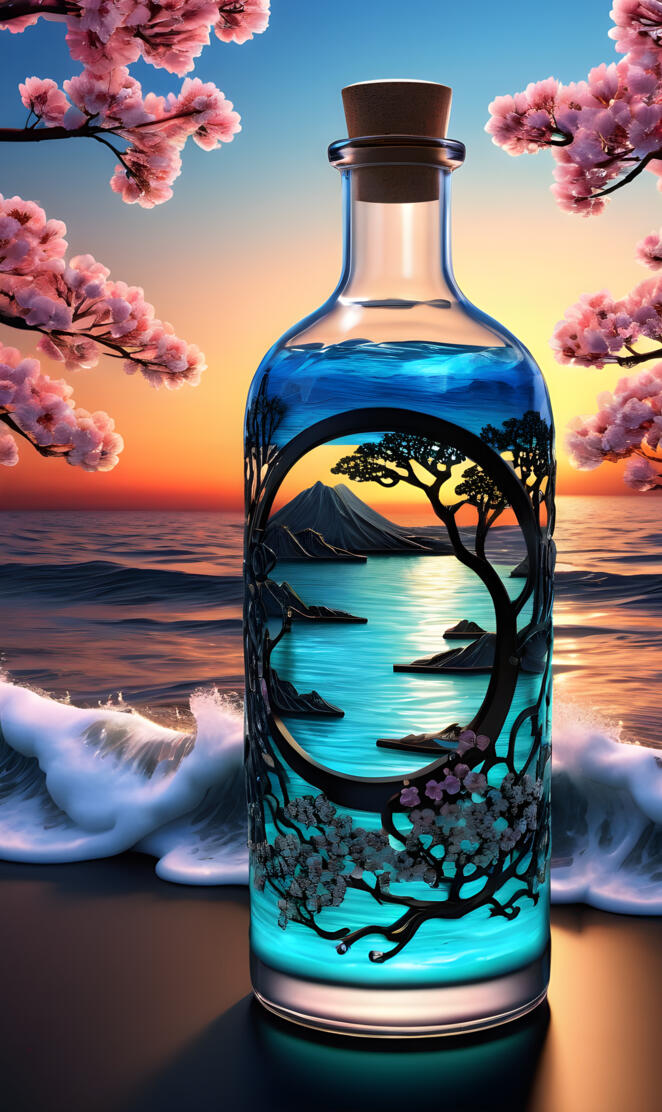 beach with cherry blossoms and a bottle