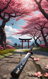 a path through a torri gate while a katana left behind