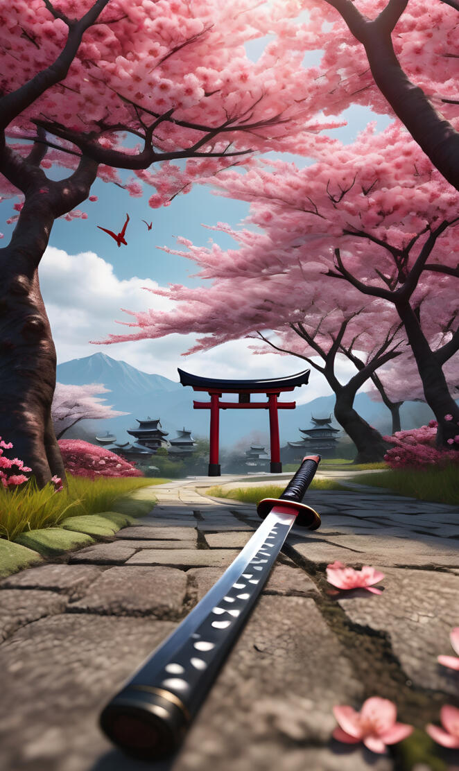 a path through a torri gate while a katana left behind