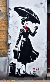 Mary Poppins eating beans in a Banksy style stencil street art
