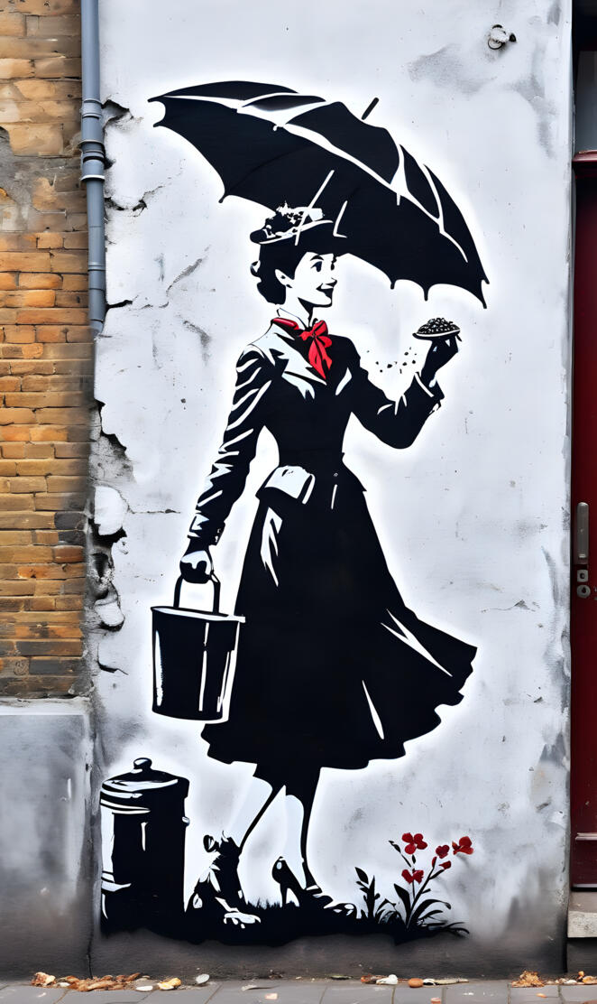Mary Poppins eating beans in a Banksy style stencil street art