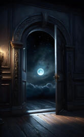a doorway with a view of the moon in the background