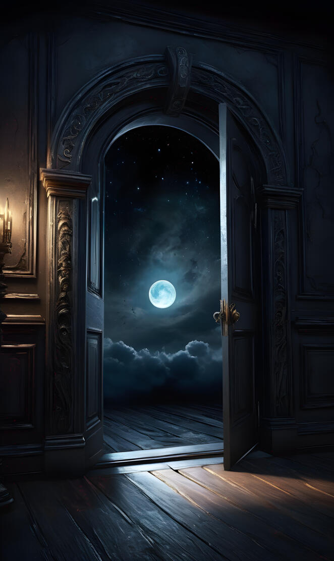 a doorway with a view of the moon in the background