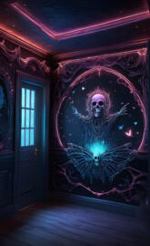 a red wall with a skull and cross on it