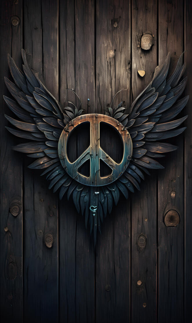 wooden peace symbol, wings
