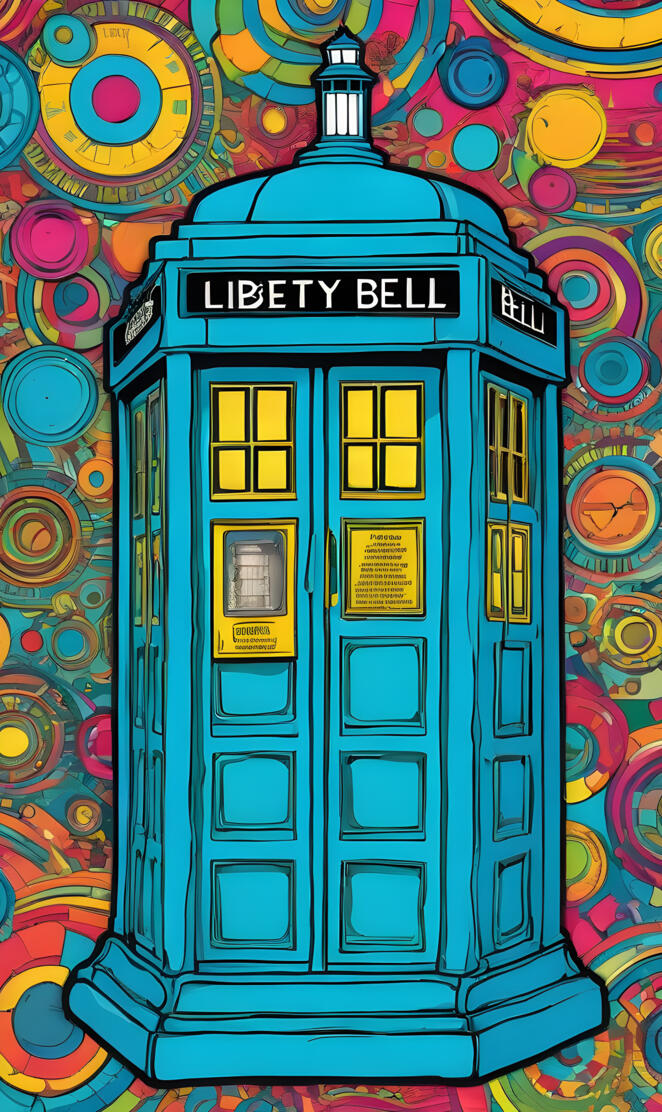 Turquoise Liberty Bell TARDIS With Colorful Background