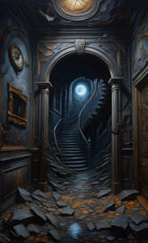 a spooky staircase with a distant moon