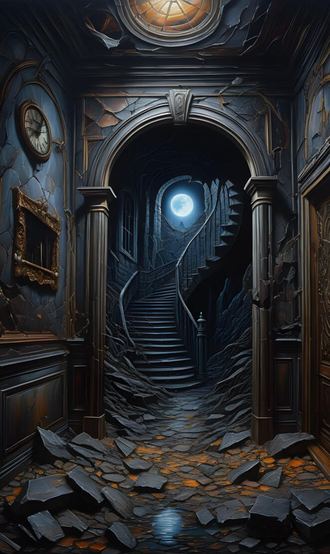 a spooky staircase with a distant moon