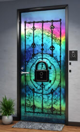 a window with a picture of a tree and a plant