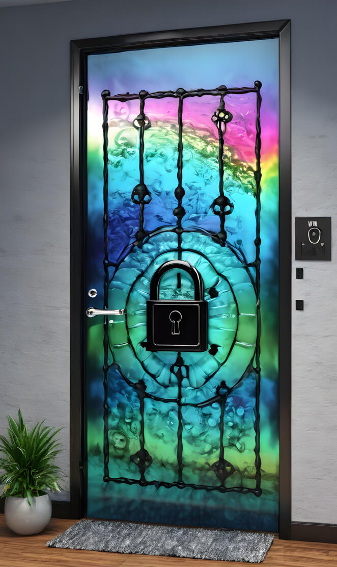 a window with a picture of a tree and a plant