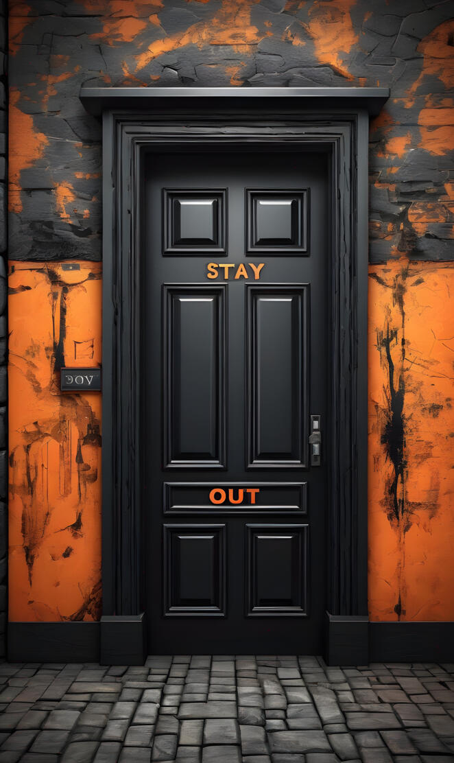 a black door on a brick wall