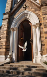 white dove by door of church