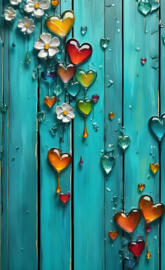 a group of colorful butterflies on a blue wall hearts