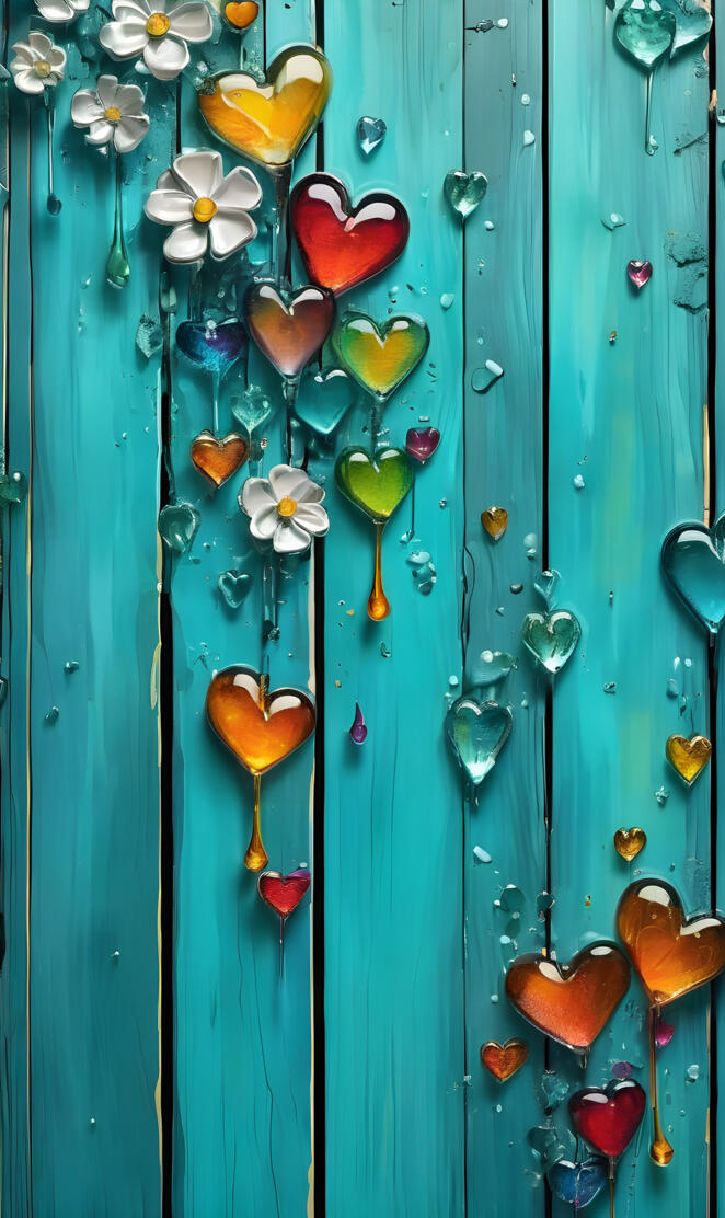 a group of colorful butterflies on a blue wall hearts